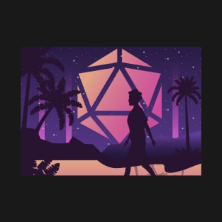 Synthwave Futuristic City Polyhedral D20 Dice Moon RPG Landscape T-Shirt