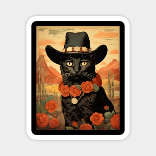 Retro Vintage Cowboy Black Cat - Whiskered Wild West Adventure Magnet