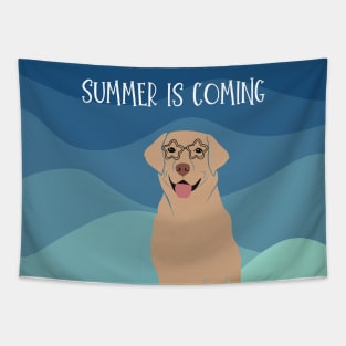 Summer Is Coming Labrador Retriever Dog with Glasses on Sea Wave Background Tapestry