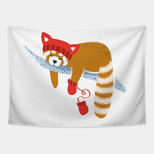 Cute red panda sleeping and wearing red gloves // spot illustration Tapestry