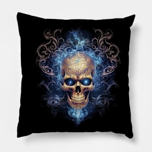 Skull on Blue Fire: Baroque Vintage Ornament Background Pillow