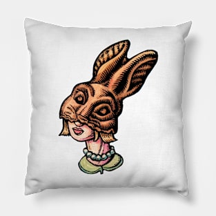 Woman Wearing Chocolate Rabbit Head Pillow