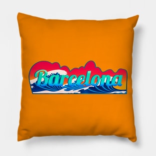 Barcelona Surfing Beach in Summer Vintage Typography Pillow