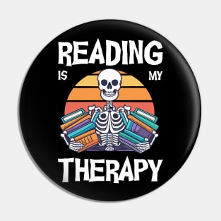 Vintage retro skeleton holding books reading is my therapy Pin