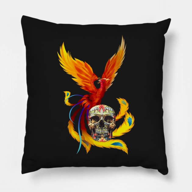 Fire Phoenix And Day Of The Dead Sugar Skull Pillow by Atteestude