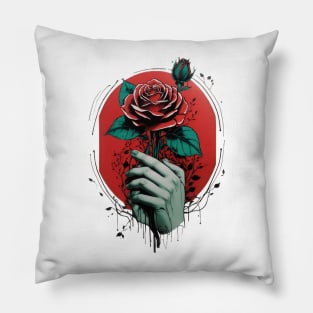 hand holding a red rose with green leaves Pillow