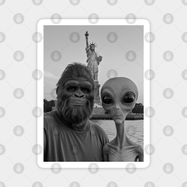 Selfie of Bigfoot and Alien in New York-Statue of Liberty Magnet by Megadorim