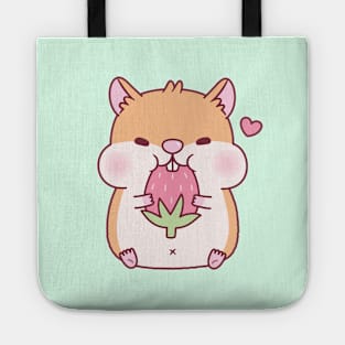 Cute Chubby Hamster Munching On Strawberry Tote