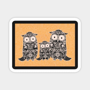 Folk Art Owl Family with Baby Owl on Yellow Floral Background Magnet