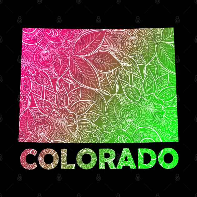 Colorful mandala art map of Colorado with text in pink and green by Happy Citizen