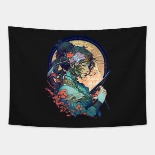 Psychedelic Cyberpunk Art Nouveau Japanese Female Ninja Samurai Tapestry