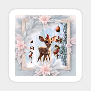 Cute fawn with bird in a winterlandscape Magnet