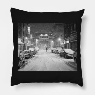 Chinatown Snow storm Boston MA Chinatown Gate Black and White Pillow