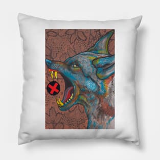 Angry blue wolf and flower doodling Pillow