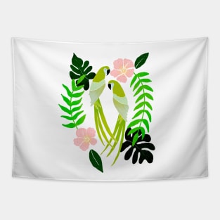 Green parrots and pink hibiscus flowers Tapestry