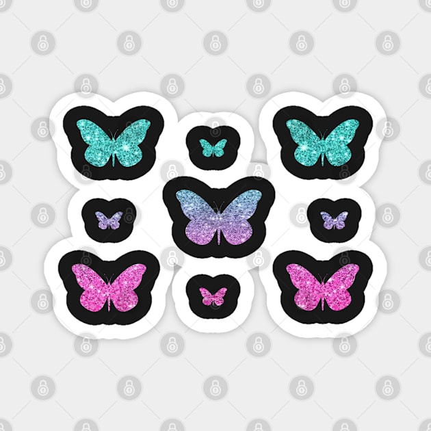 Bright Pink Teal Ombre Faux Glitter Butterflies Magnet by Felicity-K