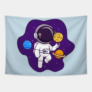 Cute Astronaut Floating In Space With Planet And Moon Cartoon Tapestry