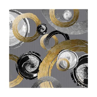 Modern Abstract Rings and Swirl Circles Black Grey Dirty Gold T-Shirt