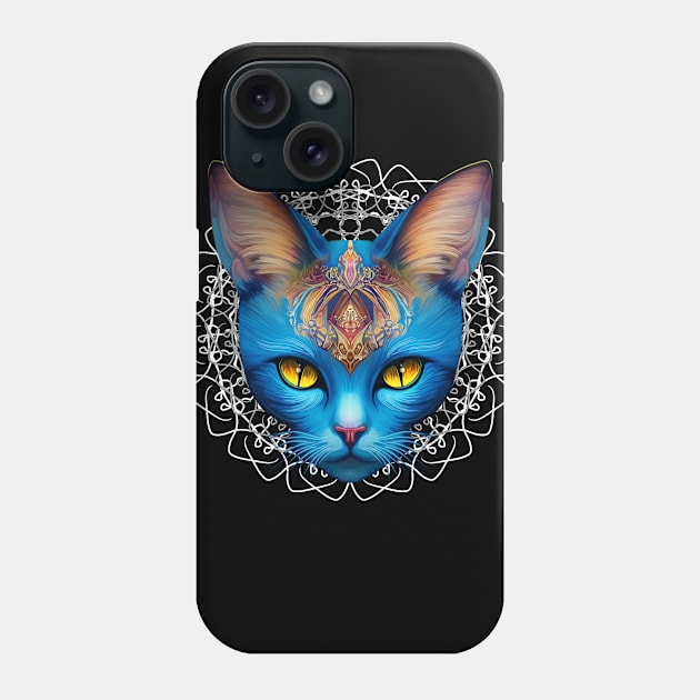 Cat Blue Divinity in Mandala Surreal Digital Art Phone Case by BluedarkArt