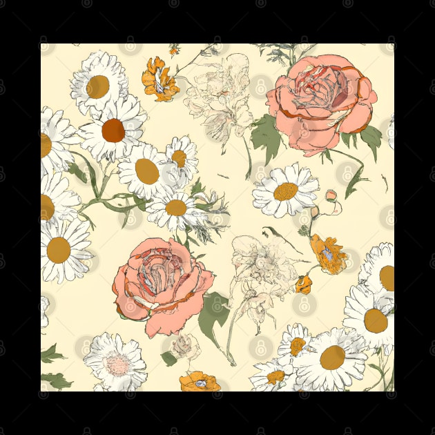 Hand-drawn floral motifs. Delicate daisies and roses scattered on a pale yellow background. Vintage flower wallpaper. by Zenflow