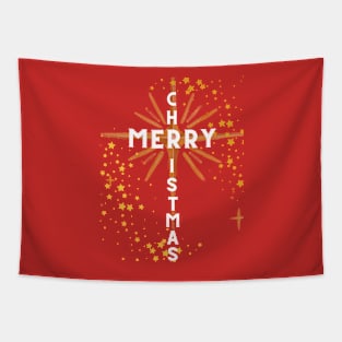 Christmas Cross and Star White Letters on Red Tapestry