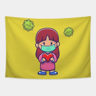 Cute Girl Hold Heart Wear Mask Cartoon Tapestry