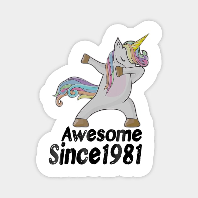 38th Birthday Gift Awesome Since 1981 Unicorn Dabbing Magnet by bummersempre66