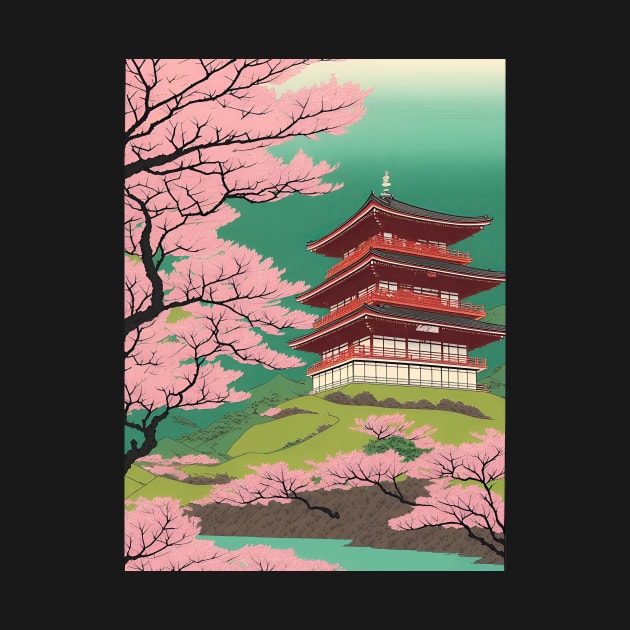 Ukiyo-e Japanese Art - Omuro Pagoda and Cherry Blossoms by allovervintage