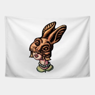 Woman Wearing Chocolate Rabbit Head Tapestry