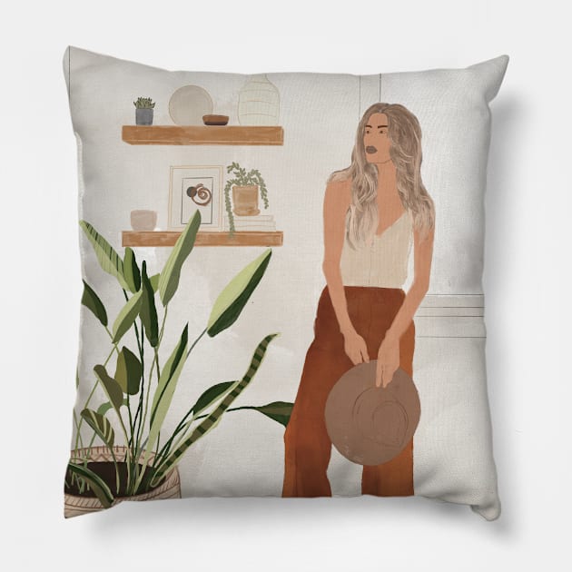 Woman plant lover boho illustration Pillow by Nastya Li