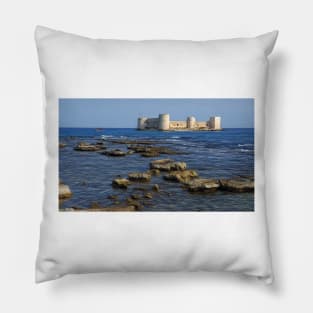 just off shore of Turkish Mediterranean coast is Kizkalesi girl castle Pillow