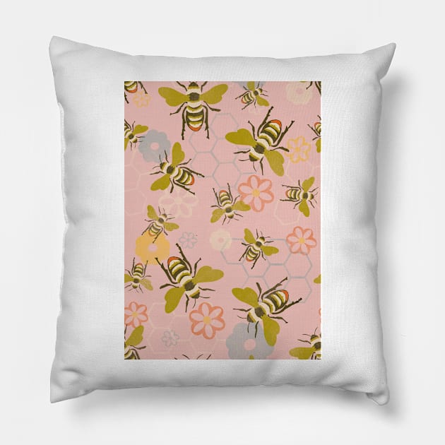 Vintage Honey Bees, Honeycomb and Flowers on dusty rose repeat pattern Pillow by NattyDesigns