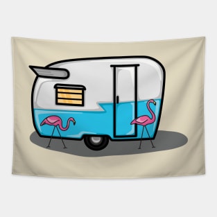 Retro blue flamingo campers Tapestry