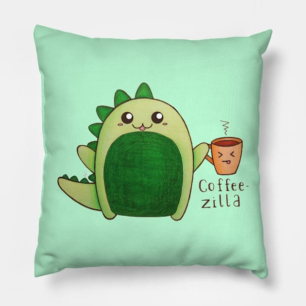 Coffeezilla - Kawaii Dinosaur with a Caffeine Addiction Pillow by Elinaana