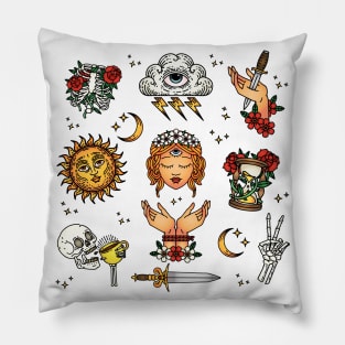 Occult Traditional Tattoo Flash Sheet Design Pillow