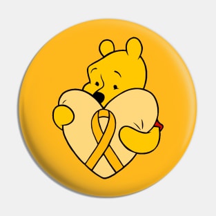 Yellow bear hugging yellow Awareness ribbon Pin