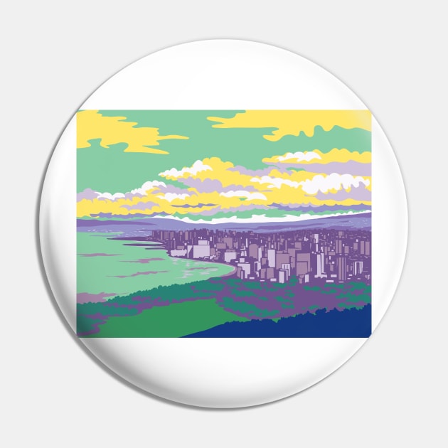 Waikiki from Diamond Head Crater in Honolulu Hawaii WPA Poster Art Pin by retrovectors