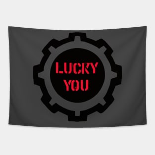 Red Lucky You Phrase in a Black Industrial Cog Tapestry