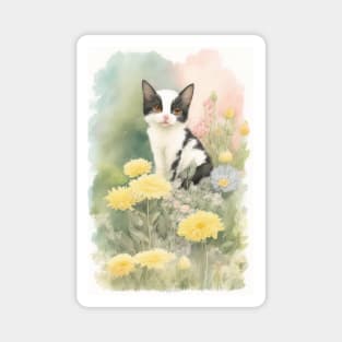 Black-white Cat in the Flower Garden Soft Pastel Colors Magnet