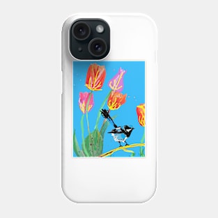 Abstract Blue Wren and Tulips Painting - on Blue Phone Case