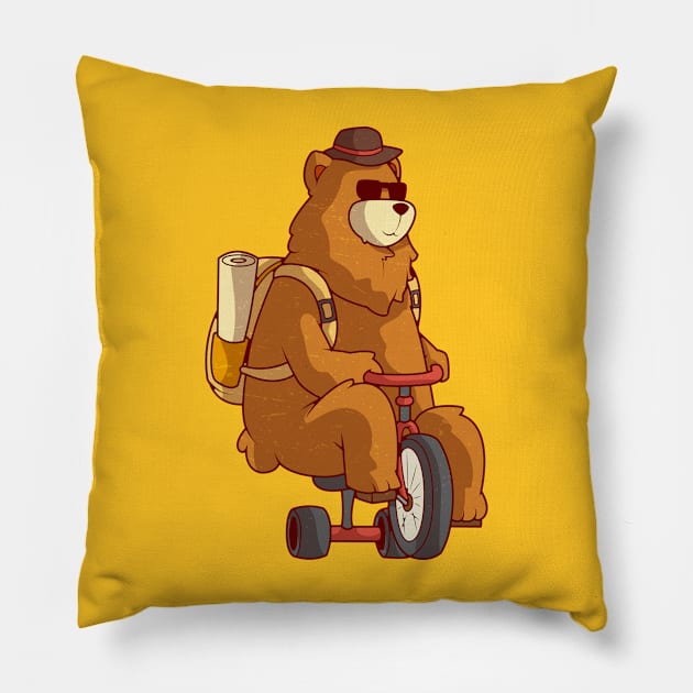 Cute Bear Adventuring with Bicycle, Vintage Retro Style Pillow by BoyOdachi