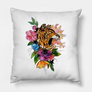 Tiger with Flowers and Stars Pillow