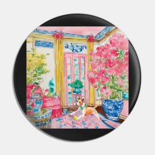 Fox terrier chasing tennis ball in chinoiserie interior Pin