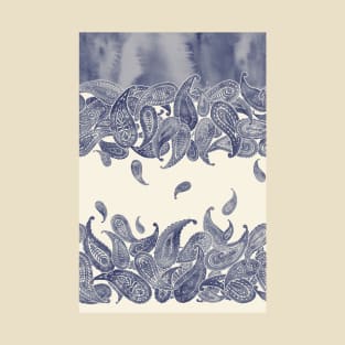 Monochrome Paisley Rain in Blue and Cream T-Shirt