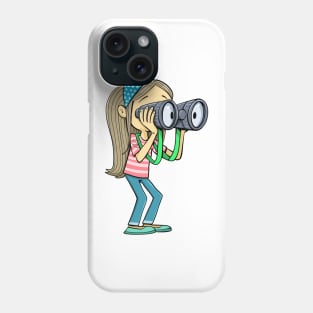 girl with a scarf in her hair looks carefully into the distance with binoculars Phone Case