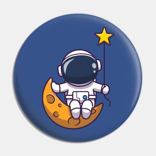 Cute Astronaut Sitting On Moon With Star Cartoon Pin