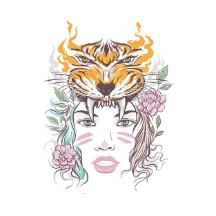 beautiful lady face with tiger head and flowers T-Shirt