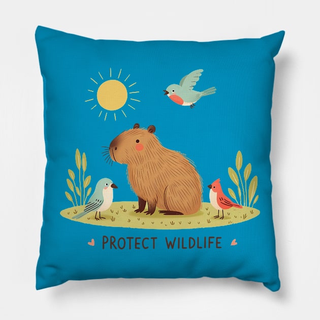Protect Wildlife - Capybara with birds Pillow by PrintSoulDesigns