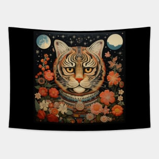 Surrealistic Folk Art Dark Floral Motif Tiger Design Tapestry