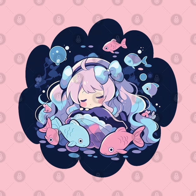 Adorable Anime Chibi Pisces Zodiac Sleeping Little Astro Girl by The Little Store Of Magic